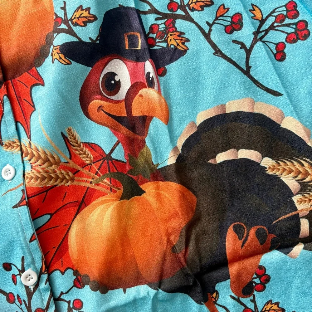 Funny Turkey Pilgrim Thanksgiving Button Down Hawaiian Style Shirt - Picture 8 of 9